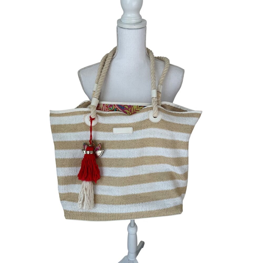 Vera Bradley Striped Rope Handle Straw Tote Bag With Tassel Accent Beige & White